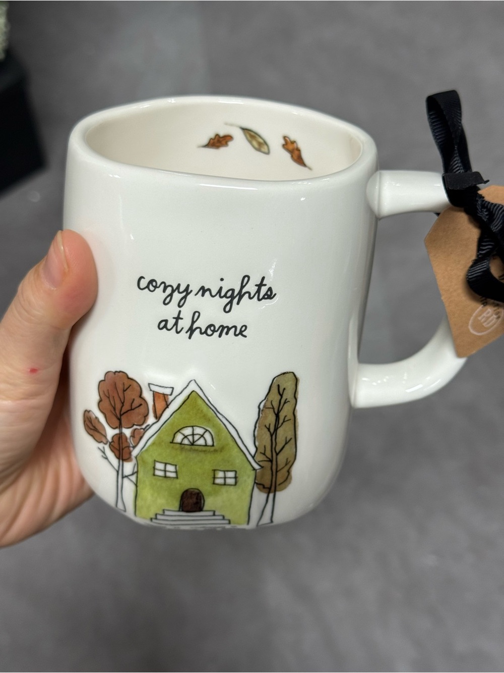 Rae Dunn White Mug with Green House and Autumn Trees